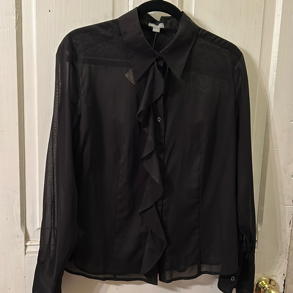 NWT Ann Taylor Sheer Long Sleeved Blouse with Ruffle Detail, size L